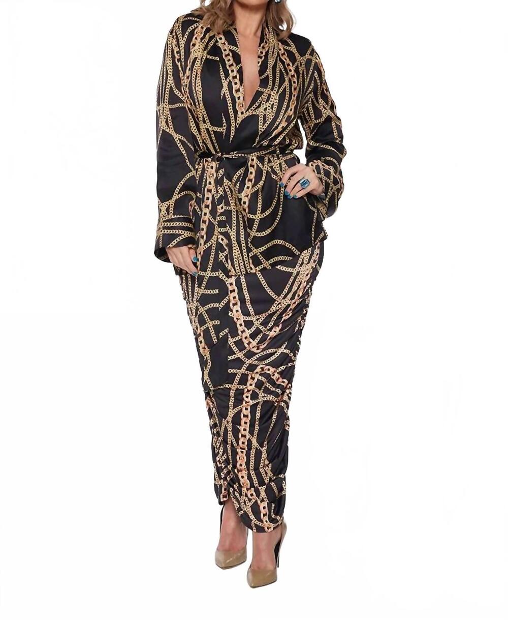NEW CIRCULAR PATH open front with detachable waist tie kimono in black/gold chai